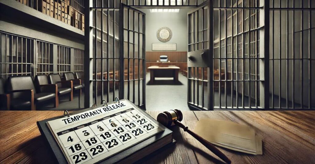 "Illustrazione che rappresenta il concetto di permessi premio nel diritto penale, con un cancello della prigione leggermente aperto, un’aula di tribunale sfocata sullo sfondo e un calendario in primo piano. Simboleggia la concessione di permessi temporanei ai detenuti per buona condotta, evidenziando la riabilitazione e il sistema giudiziario." Questo testo è ottimizzato per i motori di ricerca e spiega chiaramente il contenuto dell’immagine.